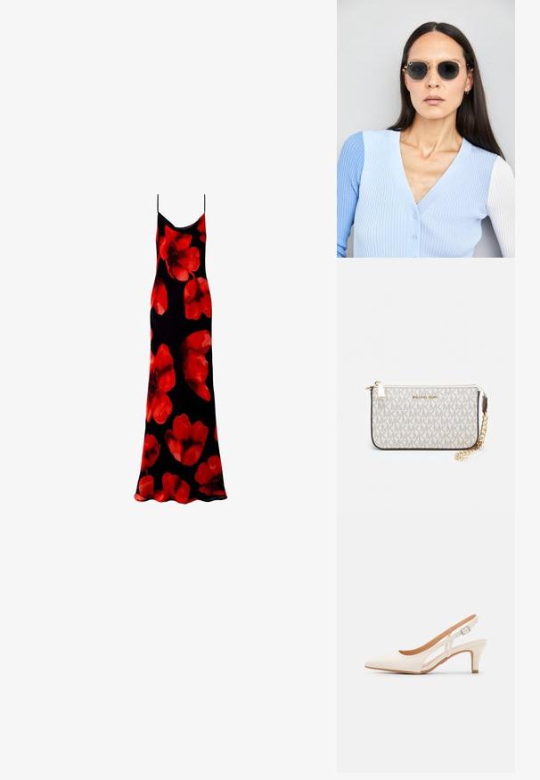 Robe maxi sans manches noire avec un motif floral de grandes fleurs rouges. Tissu lisse et léger avec une silhouette fluide.; Talons aiguilles blanches à bride arrière avec un bout pointu, un dessus lisse, un petit talon carré et un design avec découpes latérales et sangle réglable.; Lunettes de soleil rondes avec verres sombres et monture en or. Le modèle porte un cardigan à côtes bleu clair avec des boutons et des manches blanches contrastantes.; Porte-monnaie Michael Kors en toile enduite beige avec un motif répété de logo MK, des accessoires en or et une bandoulière en chaîne amovible.