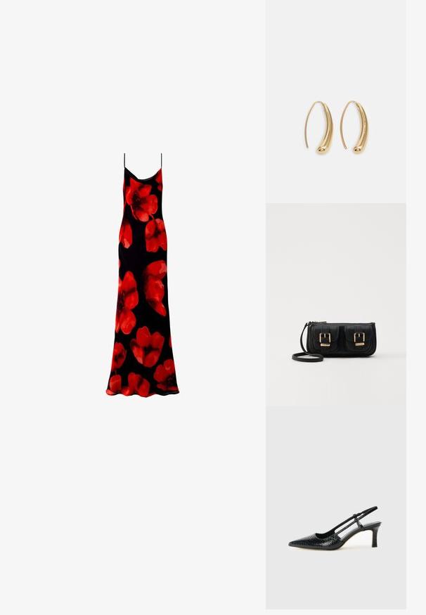 Schwarzes ärmelloses Maxikleid mit einem floralen Muster aus großen roten Blumen. Glattes, leichtes Material mit einer fließenden Silhouette.; Schwarze Lack-Slingback-Pumps mit spitzem Zehenbereich, versehen mit strukturiertem Schlangenprint, verstellbarem Riemen und einem kurzen, strukturierten Blockabsatz.; Schwarze Leder-Umhängetasche mit zwei vorderen Taschen, goldenen Schnallen, Reißverschluss und einem schmalen Tragegurt. Texturierte Oberfläche und kompakte rechteckige Form.; Goldfarbene Metall-Hoops mit einer geschwungenen, länglichen Form. Sie verfügen über eine glatte, glänzende Oberfläche und eine abgerundete Spitze für zusätzliche Details.