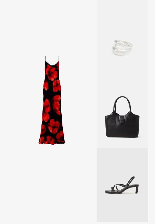 Schwarzes ärmelloses Maxikleid mit einem floralen Muster aus großen roten Blumen. Glattes, leichtes Material mit einer fließenden Silhouette.; Schwarze Sandale mit Riemchen, quadratischer Zehenform und niedrigem Blockabsatz. Verfügt über mehrere dünne Riemen und einen verstellbaren Knöchelriemen. Hergestellt aus glattem Leder.; Schwarze Leder-Tote mit glatter Textur, strukturiertem Design, zwei Griffen und einem auffälligen silbernen Schnallen-Detail auf der Vorderseite.; Silberner Doppelring mit einer glatten, polierten Oberfläche. Verfügt über ein fließendes, kurviges Design mit überlappenden Abschnitten für einen modernen Look.