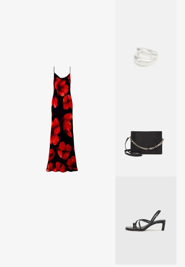 Abito lungo senza maniche nero con un motivo floreale di grandi fiori rossi. Tessuto liscio e leggero con una silhouette fluida.; Sandalo nero con cinturini, dalla punta squadrata e tacco basso a blocco. Presenta diversi cinturini sottili e una cinturini regolabile alla caviglia. Realizzato in pelle liscia.; Borsa a tracolla nera in pelle con una texture liscia, forma rettangolare e dettaglio in catena metallica sul davanti. Inclusa una tracolla regolabile.; Anello doppio in argento con superficie liscia e lucida. Presenta un design fluido e curvo con sezioni sovrapposte per un aspetto moderno.