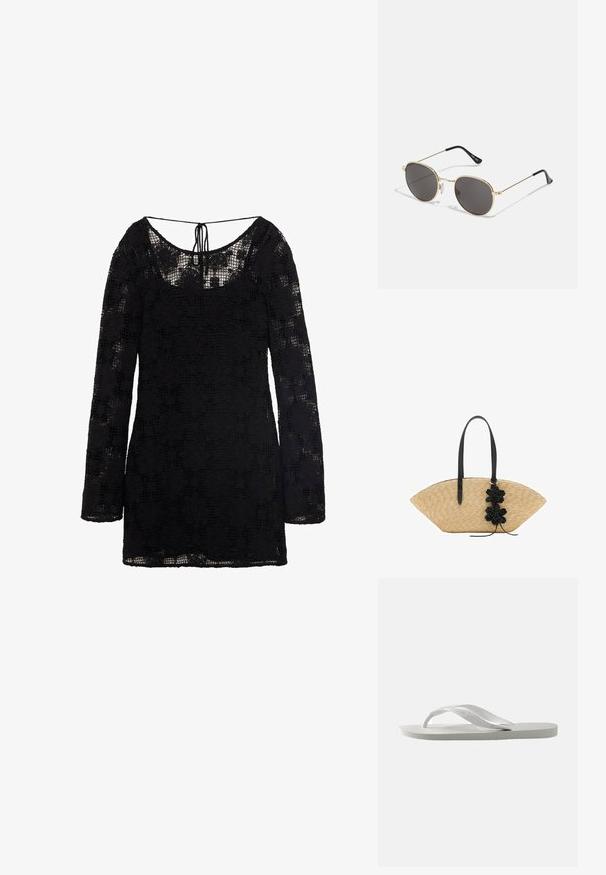 Abito in pizzo nero con maniche lunghe, scollo rotondo e dettaglio con laccetto sulla schiena. Tessuto leggero, con un motivo texturizzato che ricopre il materiale, creando un effetto trasparente.; Infradito bianchi con suola textured e due cinghie sottili. Le cinghie sono lisce con un branding sottile. Nessun motivo o accento aggiuntivo.; Occhiali da sole rotondi con lenti scure, montatura in metallo dorato sottile, estremità in plastica e poggiatopti regolabili. Design minimalista con un aspetto classico.; Borsa in paglia con un ampio design a forma di ventaglio, manici in pelle nera e decorazioni floreali nere su un lato.