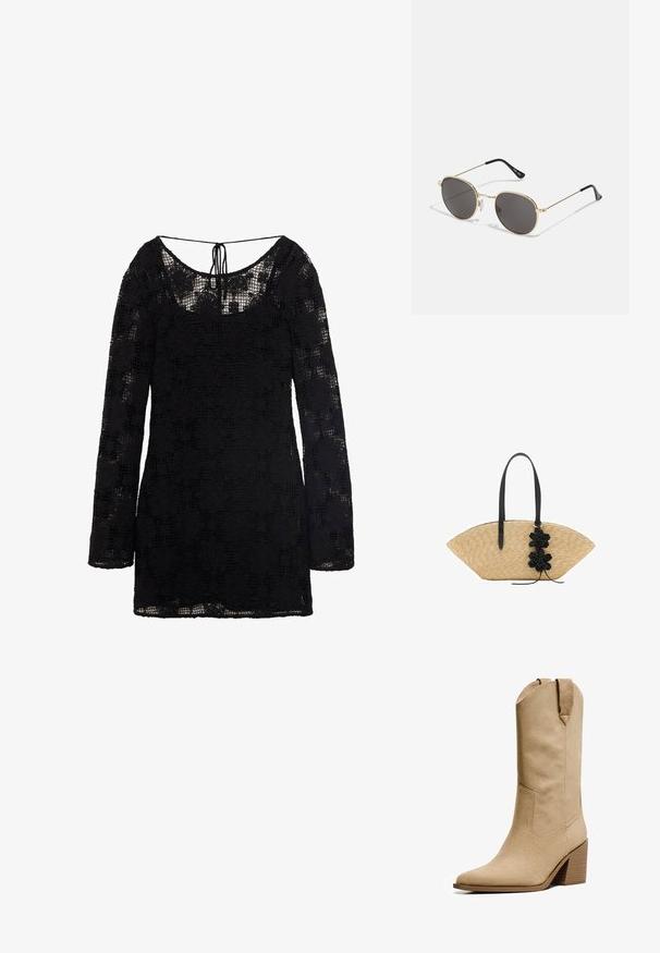 Rochie neagră din dantelă cu mâneci lungi, decolteu rotund și detaliu cu siret la spate. Material ușor, cu un model texturat care acoperă țesătura, creând un efect transparent.; Bershka HIGH-HEEL - Cizme cowboy/biker - beige; Ochelari de soare rotunzi cu lentile întunecate, cadru subțire din metal aurit, vârfuri din plastic pentru brațe și suporturi pentru nas ajustabile. Design minimalist cu un aspect clasic.; Geantă de paie cu un design larg, în formă de evantai, mânere din piele neagră și accente florale negre pe o parte.
