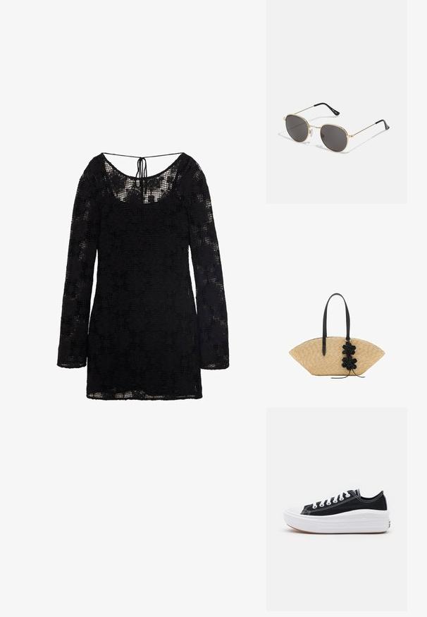 Črna čipkasta obleka z dolgimi rokavi, širokim izrezom in detajlom zvezanja na hrbtu. Lahka, teksturirana podoba prekriva tkanino in ustvarja prosojen učinek.; Črne platnene športne copate z belimi vezalkami, belim gumijastim prstnim zaščitnikom in masivnim belim srednjim podplatom. Imajo subtilne bele šive in gumijast podplat.; Krogaste sončna očala z temnimi lečami, tankim zlatim kovinskim okvirjem, plastičnimi konicami za ušesa in nastavljivimi nosnimi blazinicami. Minimalističen dizajn s klasičnim videzom.; Slamnata torbica s širokim, oblikom vdirka, črnimi usnjenimi ročaji in črnimi cvetličnimi akcenti na eni strani.