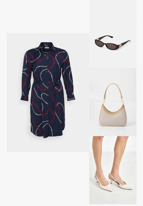 Tommy Hilfiger Curve - Sukienka koszulowa; Beżowe lakierowane szpilki z odkrytą piętą, zakończone spiczastym noskiem i 5 cm obcasem, z wyciętymi bokami oraz cienkim paskiem na kostce.; Słoneczne okulary w kolorze żółwi z wydłużonymi owalnymi soczewkami, brązowym odcieniem, złotymi akcentami logo na zausznikach oraz smukłymi czarnymi ramionami.; Beżowa torebka w wzory o zakrzywionym kształcie, z skórzanymi akcentami i złotym logo z przodu. Posiada krótki uchwyt, co ułatwia noszenie.; Naszyjnik z pereł i kryształów o okrągłym, koralikowym wzorze w jasnych odcieniach, z naprzemiennie umieszczonymi perłami i błyszczącymi akcentami, noszony na szyi.