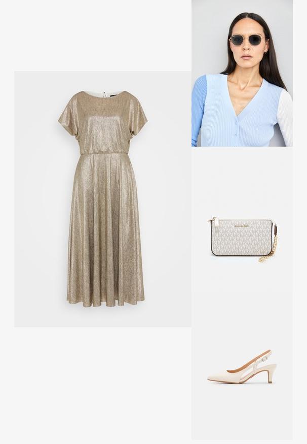 Robe maxi en tissu doré métallique, dotée de manches courtes, d'un col rond et d'une taille froncée, se déployant en une jupe plissée.; Talons aiguilles blanches à bride arrière avec un bout pointu, un dessus lisse, un petit talon carré et un design avec découpes latérales et sangle réglable.; Lunettes de soleil rondes avec verres sombres et monture en or. Le modèle porte un cardigan à côtes bleu clair avec des boutons et des manches blanches contrastantes.; Porte-monnaie Michael Kors en toile enduite beige avec un motif répété de logo MK, des accessoires en or et une bandoulière en chaîne amovible.