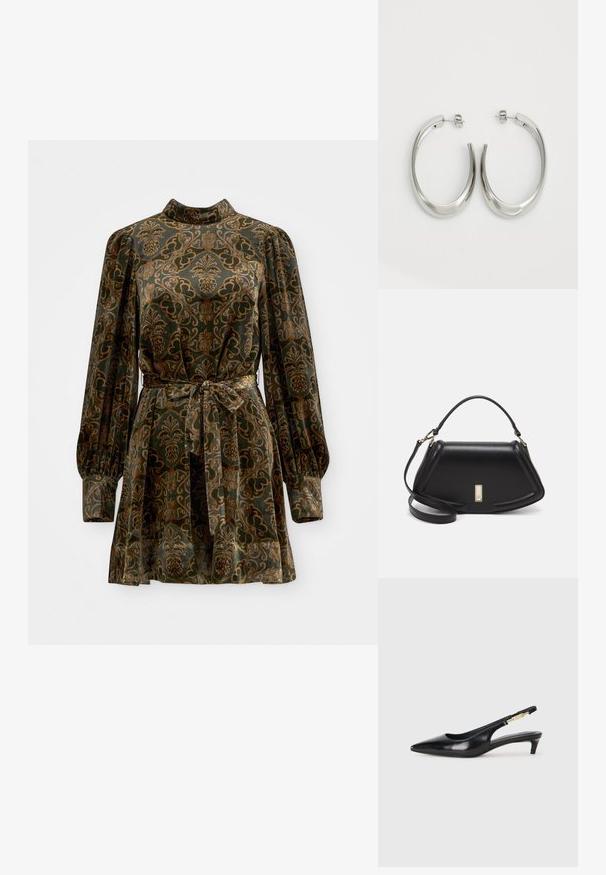 Βελούδινο φόρεμα με μακριά φούσκες μανίκια, ψηλό λαιμό και ζώνη στη μέση. Διαθέτει πράσινη βάση με περίπλοκα χρυσά και καφέ λουλουδάτα σχέδια.; Μαύρες δερμάτινες γόβες slingback με μυτερή μύτη, διαθέτοντας λεπτό τακούνι και χρυσή λεπτομέρεια στην ρυθμιζόμενη λωρίδα. Λείος υφές.; Μαύρη δερμάτινη τσάντα με δομημένο σχέδιο, που διαθέτει κομμένο σχήμα, επάνω λαβή και χρυσά μεταλλικά στοιχεία. Περιλαμβάνει ρυθμιζόμενο λουρί ώμου.; Ασημένια σκουλαρίκια κρίκοι με μαλακή, καμπυλωτή σχεδίαση. Διαθέτουν γυαλιστερή μεταλλική υφή και κλείσιμο με σφίγγα. Χωρίς ορατά μοτίβα ή διακοσμήσεις.