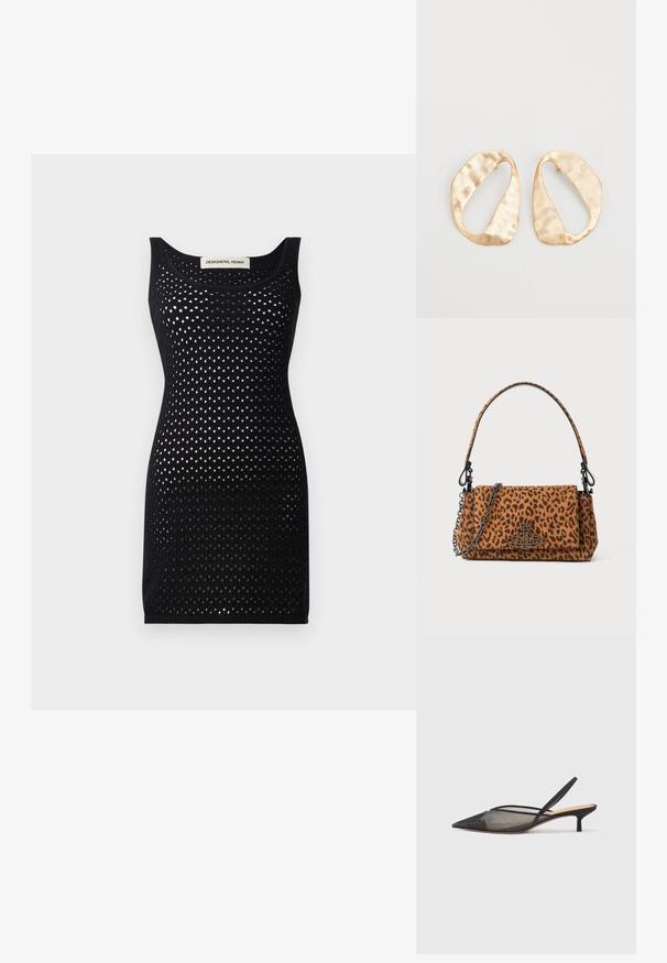 Rochie tricotată neagră cu o textură din plasă, având un decolteu rotund și o formă aderentă. Se remarcă prin patternul său deschis în puncte pe întreaga suprafață.; NEOUS IRENA - Pantofi clasici cu toc - black; Geantă de mână cu imprimeu leopard, realizată din suede, cu o mânere scurtă, un curea din lanț și un închizător din metal negru. Formă rectangulară cu închidere prin clapetă.; O pereche de cercei din metal de culoare aurie, cu formă ovală neregulată, având o suprafață texturată, ușor ciocănită, pe un fundal alb.