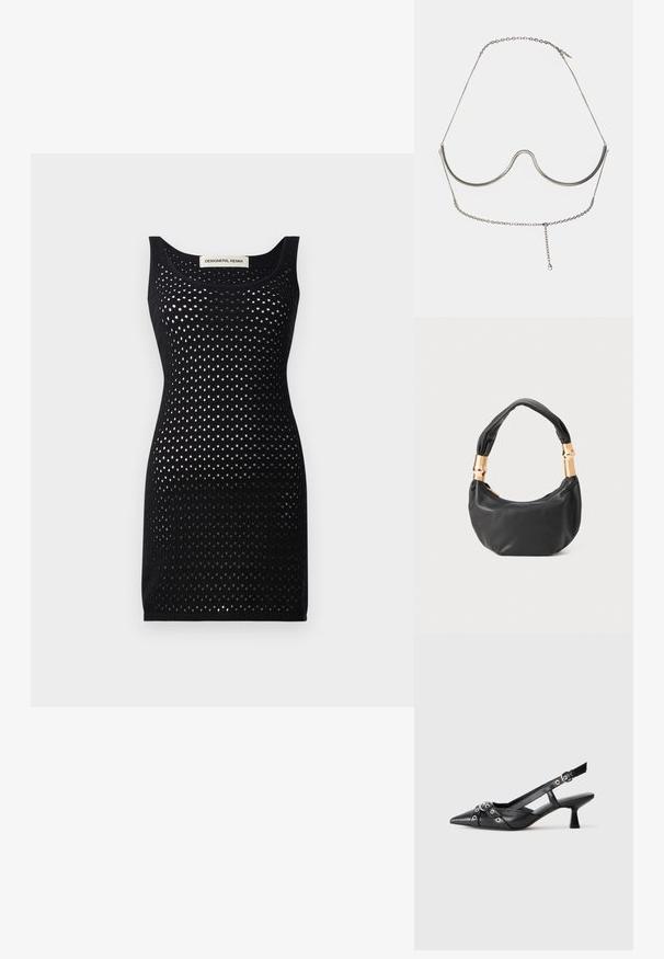 Černé pletené šaty s texturou ze síťoviny, se zakulaceným výstřihem a přiléhavým střihem. Vyznačují se otevřeným tečkovaným vzorem po celém povrchu.; Černé kožené slingback boty s špičatou špičkou, dekorativními pásky s kovovými očky a nízkým blokovým podpatkem. Texturovaný povrch.; Černá kožená kabelka s kulatým tvarem, měkkou texturou a uzlovou rukojetí se zlatými kovovými detaily. Zapínání na zip.; Cult Gaia ASHA BODY JEWELRY - Jiné doplňky - bright shiny silver-coloured