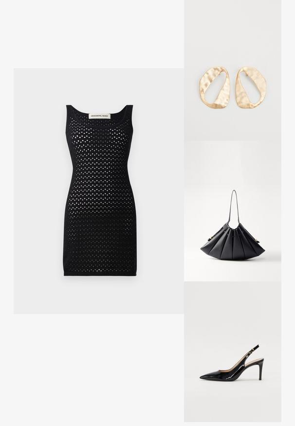 Musta neulemekko, jossa on verkkotekstuuri, ympyräkaula-aukko ja tiukka muoto. Erityisesti avoin pistekuviointi tekee siitä erottuvan.; Musta lakattu nahkainen slingback-korkokenkä, jossa on terävä kärki, kapea korko ja hillitty leikkaussuunnittelu. Varressa on kultainen solki.; Mustakohokuvioinen käsilaukku, joka on valmistettu sileästä nahasta, jossa on yksi kahva, kultaiset yksityiskohdat ja geometrisesti muotoiltu rakenne.; Pari epämuodostuneita soikeita kultasävyisiä metallikorvakoruja, joissa on teksturoitu, hieman hakattu pinta valkoista taustaa vasten.