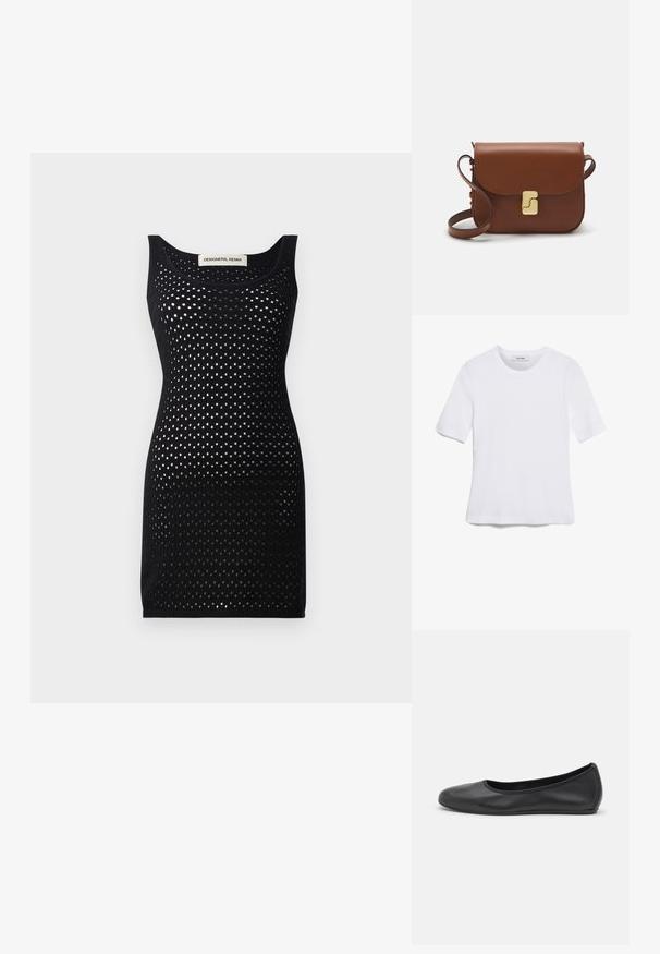 Sort strikket kjole med en netstruktur, der har en rund udskæring og en tætsiddende facon. Fremtrædende med sit åbne prikkemønster hele vejen igennem.; Hvid kortærmet t-shirt lavet af ribbet stof. Rund halsudskæring, almindelig pasform og subtile syninger. Ingen mønstre eller grafik.; Sort læderballetsko med rund tå, glat tekstur, minimal syning og et fleksibelt såldesign.; Brun læder håndtaske med flaplukning, hardware i gyldent tone, en skulderrem og en glat overflade. Kompakt rektangulær form.