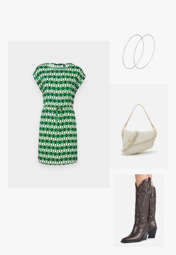 Zelena i krem haljina s geometrijskim uzorkom u obliku trokuta. Kratki rukavi s vezicom u struku za prilagodljivu udobnost.; Smeđe kožne kauboj čizme s šiljastim vrhom i blok-potpeticom, s detaljno izvezenim šavovima i uzdignutim naglascima na okovu.; Mala krem torbica s teksturiranim finišom, dugačkim podesivim remenom, lančanim detaljem i preklopom. Zlaćani hardver.; Srebrne okrugle naušnice s minimalističkim dizajnom. Kružni oblik, glatka tekstura i tanak profil. Lagane s poliranim završetkom.