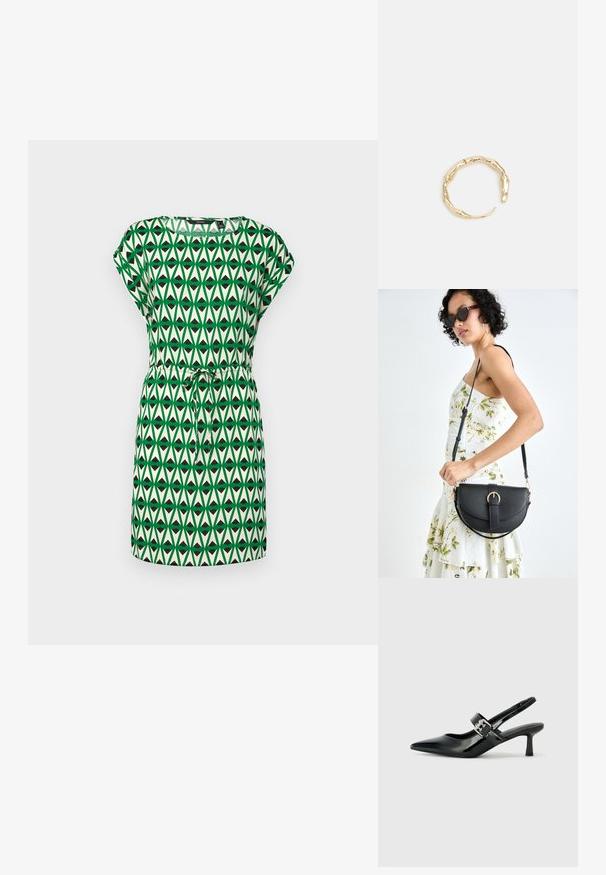 Zaļš un krēms kleita ar ģeometrisku rakstu, kas satur trīsstūrveida formas. Īsas piedurknes ar aukliņu jostu, lai pielāgotu piegriezumu.; Melnas lakotas ādas sūkņa kurpes ar norādītu purngali un mazu bloku papēdi, ar sudraba sprādzi akcentā uz jostas.; Melnas ādas rokassoma ar izliekta formu, noņemamu siksnu un zelta aksesuāriem. Somai ir vāciņš ar sprādzes detaļu.; Zelta toņa gredzens ar organisku, vērptu dizainu, gludu virsmu un sašaurinātiem galiem, radot mūsdienīgu, skulpturālu izskatu.