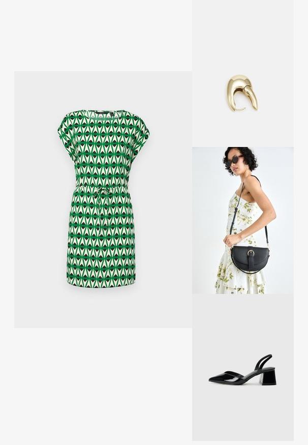 Zelené a krémové šaty se geometrickým vzorem a trojúhelníkovými tvary. Krátké rukávy a stahovací pas pro nastavitelné přizpůsobení.; Černé lakované kožené lodičky na pásku s špičatou špičkou a geometrickým blokovým podpatkem. Vyznačují se elegantním, minimalistickým designem a hladkým povrchem.; Černá kožená kabelka s křivkovým tvarem, odnímatelným popruhem a zlatými detaily. Kabelka má klopu s přezkou.; Náušnice ve zlatém tónu z kovu s elegantním zakřiveným designem. Vyznačují se jedinečným špičatým tvarem, lesklým povrchem a závěsem na kloub.