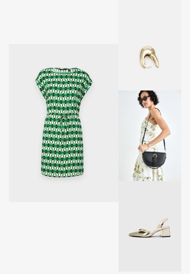 Grön och krämfärgad klänning med ett geometriskt mönster i triangulära former. Korta ärmar med dragsko i midjan för en justerbar passform.; Guld, metalliska slingback-klackar med spetsig tå och chunky klack. Slät textur, minimalistisk design och en smal rem.; Svart läderhandväska med en böjd form, avtagbar rem och guldiga detaljer. Väskan har ett lock med en spänndetalj.; Örhänge i guldtonad metall med en elegant, böjd design. Har en distinkt spetsig form, polerad yta och gångjärnslås.
