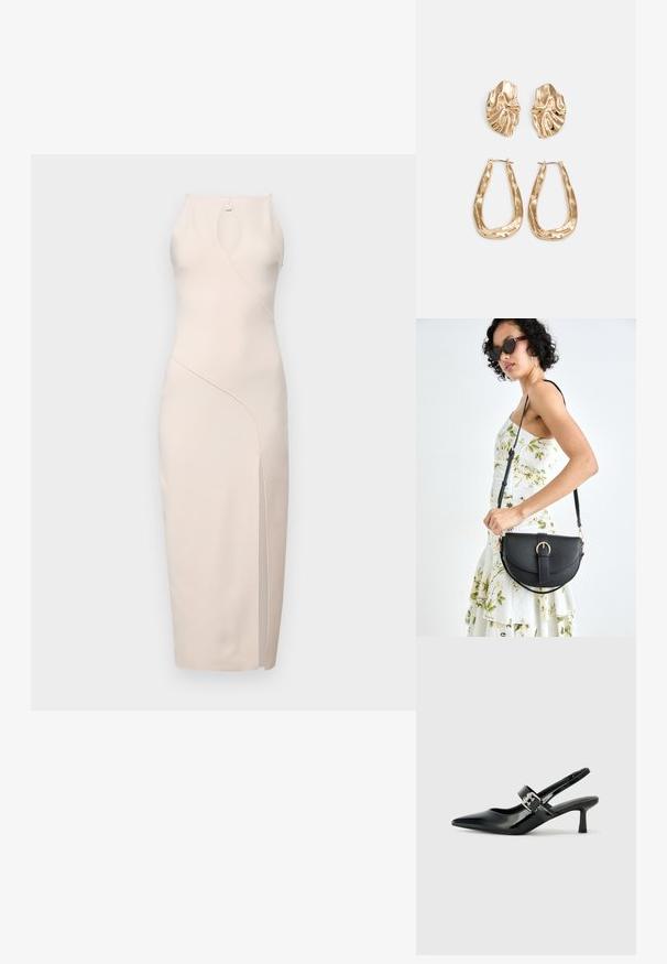 Bec + Bridge MARIELLE SPLIT DRESS - Obleka iz džersija - vanilla; Črne patent usnjene slingback pete s koničastim nosom in majhnim blok peto, ki vključujejo srebrno zaponko na traku.; Črna usnjena torbica s ukrivljeno obliko, z odstranljivo naramnico in zlatimi dodatki. Torbica ima pokrov s podrobnostmi v obliki zaponke.; Zlato obarvani uhani z teksturiranimi, valovitimi oblikami. Vključujejo skulpturalne sponke za ušesa in odprto obliko obročka s kladivastim finišem.