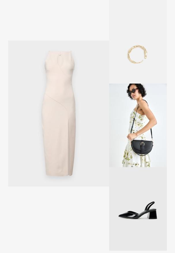 Bec + Bridge MARIELLE SPLIT DRESS - Jerseykleid - vanilla; Schwarze Lackleder-Slingback-High Heels mit spitzem Schuh und einem geometrischen Blockabsatz. Verfügt über ein schlankes, minimalistisches Design und eine glatte Textur.; Schwarze Lederhandtasche mit geschwungener Form, abnehmbarem Tragegurt und goldenen Beschlägen. Die Tasche verfügt über einen Deckel mit einer Schnallen-Details.; Goldfarbener Ring mit einem organischen, gedrehten Design, glatter Oberfläche und sich verjüngenden Enden, was ein modernes, skulpturales Erscheinungsbild erzeugt.