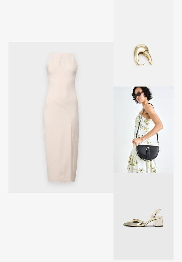 Bec + Bridge MARIELLE piaskowy; Złote, metaliczne szpilki z boku z wydłużonym noskiem i grubym obcasem. Gładka faktura, minimalistyczny design i wąski pasek.; Czarna skórzana torebka o zakrzywionym kształcie, z odpinanym paskiem i złotymi akcentami. Torebka posiada klapę z zapięciem w kształcie klamry.; Złote metalowe kolczyki o eleganckim, zakrzywionym kształcie. Posiadają charakterystyczny szpiczasty kształt, polerowaną powierzchnię oraz zapięcie na zawias.