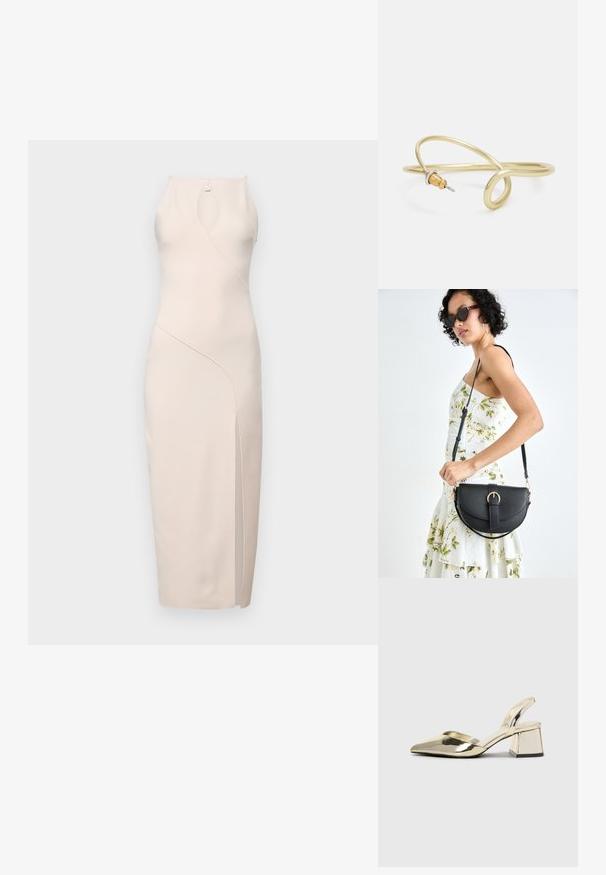 Bec + Bridge MARIELLE SPLIT DRESS - Trikoomekko - vanilla; Kultaiset, metalliset slingback-kengät, joissa on teräväkärkiset ja paksut korot. Sileä pinta, minimalistinen muotoilu ja kapea hihna.; Musta nahkainen käsilaukku, joka on kaareva muotoilultaan, irrotettavalla hihnalla ja kultaisilla yksityiskohdilla. Laukussa on läppä, jossa on solk yksityiskohta.; Kultainen metallinen ranneketju, jossa on sulava ja kaareva muotoilu. Yhdessä päässä on pieni, hallitseva hopeanvärinen korostus.