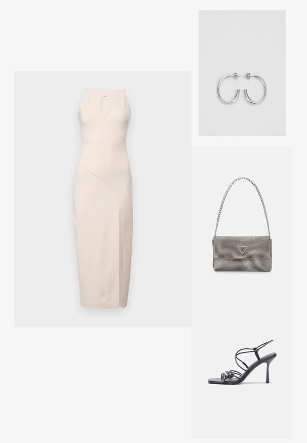 Bec + Bridge MARIELLE SPLIT DRESS - Dzsörzéruha - vanilla; Fekete magas sarkú szandálok vékony pántokkal, csomózott mintával, sima négyzetes orral és karcsú stiletto sarkal rendelkeznek.; Világosszürke fémes kézitáska lánc pánttal, kis kör alakú fém kifinomult díszítéssel és háromszög alakú márkagéppel.; Ezüst karika fülbevalók sima, fényes felülettel. Lekerekített forma, könnyű kialakítással, tűs zárómechanizmussal.