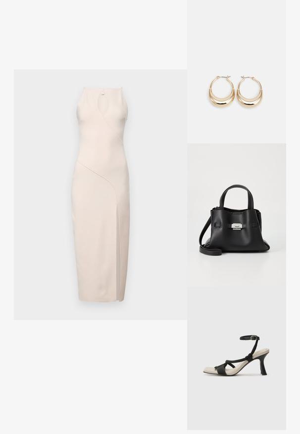Bec + Bridge MARIELLE SPLIT DRESS - Jerseykjole - vanilla; Sorte helårs sandaler med flettet stroppesdesign, firkantet tå og justerbar ankelrem. Lys beige fotseng med glanset svart hæl.; Svart skinnveske med teksturert overflate, som har to håndtak på toppen, en avtagbar skulderrem og detaljer med sølvspenne.; Gulltonede hoop-øreringen med en halvmåneform, polert overflate og hengsel-lukking. Glatt tekstur og reflekterende finish øker synligheten.