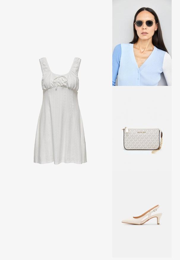 Hvit ermeløs kjole med innsamlet hals, knytedetalj og teksturert stoff med broderte mønstre. En utsvingt silhuett med myke linjer.; Hvit slingback-hel med spiss tå, glatt overmateriale, lav blokkhelt, og cut-out-design på siden med justerbar spenne.; Runde solbriller med mørke linser og guldrammer. Modellen har en lyseblå, ribbet cardigan med knapper og kontrast hvide ærmer på.; Michael Kors håndleddsveske i beige belagt kanvas med et gjentakende MK-logo mønster, gullfarget maskinvare og en avtakbar kjede-rem.
