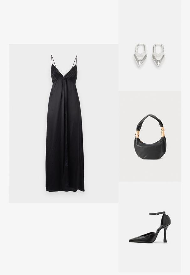 Čierne maxi šaty s tenkými ramienkami, výstrihom do V a zhŕňaným pásom. Vyrobené z hladkej, ľahkej tkaniny, s prúdiacou siluetou.; Čierne lodičky na vysokom opätku s lesklým povrchom, špicatou špičkou, popruhom na členku a tvarovaným stiletto opätkom. Hladká textúra a elegantný dizajn.; Čierna kožená kabelka s guľatým tvarom, príjemnou textúrou a uzlíkovou rukoväťou s akcentmi zlatého tónu. Zipsové uzatvorenie.; Strieborné zámky v tvare srdca so vygravírovanými nápismi "ÁNO" a "NIE", leštený povrch, symetrický dizajn a robustný kovový uzáver.