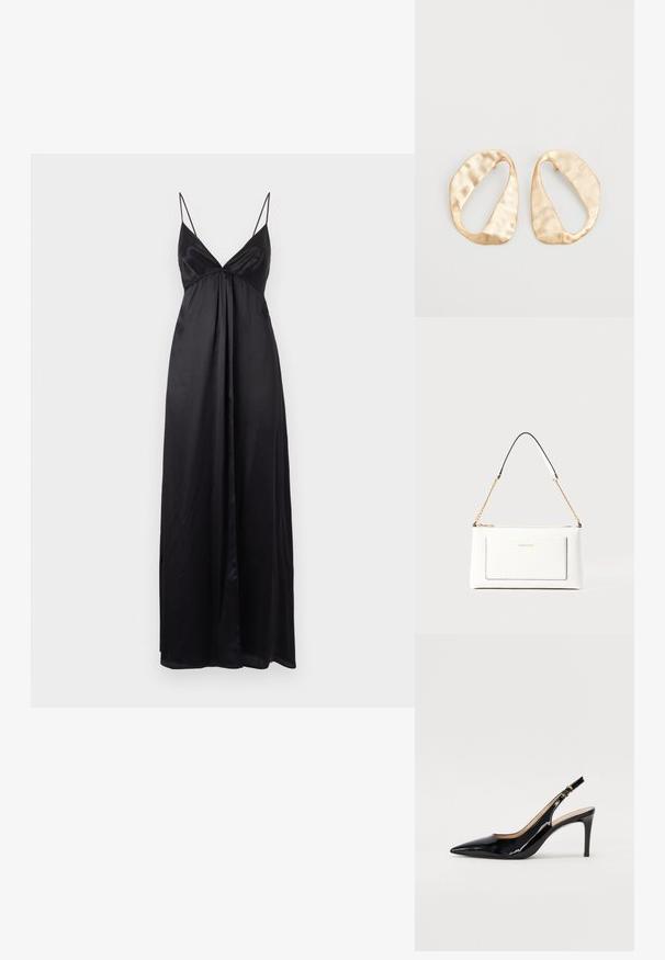 Juodas maxi suknelė su spaghetti juostelėmis, V formos dekolte ir susiraukšlėtu liemeniu. Pagaminta iš lygaus, lengvo audinio, turinti laisvą siluetą.; Juodas lakinės odos slingback batelis su smailiu nosiu, plonu kulnu ir subtiliu išpjovos dizainu. Yra auksinė sagtis ant dirželio.; Balta odinė rankinė su tekstūruotu paviršiumi, turinti auksinį grandinėlės dirželį ir juodas detales. Įskaičiuota priekinė kišenė ir užtrauktuko uždarymas.; Nedidelis nereguliarus ovalo formos aukso tono metalinių auskarų pora su tekstūruota, šiek tiek kalta paviršiumi ant balto fono.