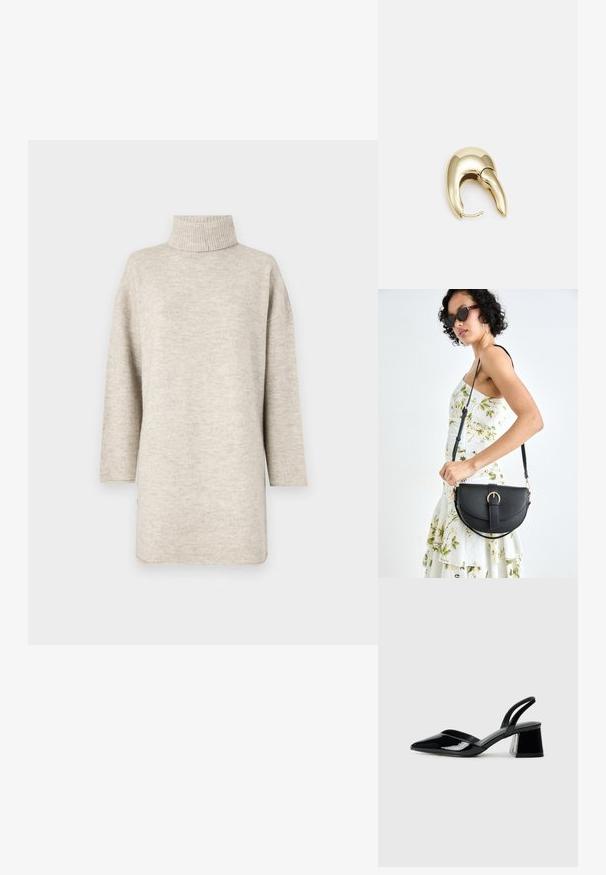 Suéter bege claro com um gola alta canelada, mangas longas e um corte descontraído. Feito de um tecido suave com uma textura lisa.; Sandy em verniz preto com salto slingback, ponta afilada e salto geométrico. Apresenta um design elegante e minimalista com textura suave.; Bolsa de couro preta com forma curva, alça destacável e detalhes em dourado. A bolsa possui uma aba com detalhe de fivela.; Brinco em metal dourado com um design elegante e curvo. Apresenta uma forma pontiaguda distinta, superfície polida e fecho por dobradiça.