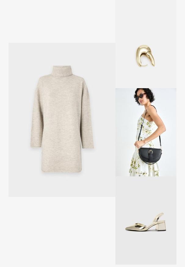 Svetlo bež pulover z rebrastim ovratnikom, dolgimi rokavi in sproščenim krojem. Narejen iz mehkega materiala z gladko teksturo.; Zlati, kovinski slingback čeveljci z ostrim nosom in masivnim peto. Gladka tekstura, minimalistična zasnova in ozka zanka.; Črna usnjena torbica s ukrivljeno obliko, z odstranljivo naramnico in zlatimi dodatki. Torbica ima pokrov s podrobnostmi v obliki zaponke.; Uhane nakit iz zlatastega tona z gladko, ukrivljeno zasnovo. Ima edinstveno koničasto obliko, polirano površino in zaponko s tečajem.