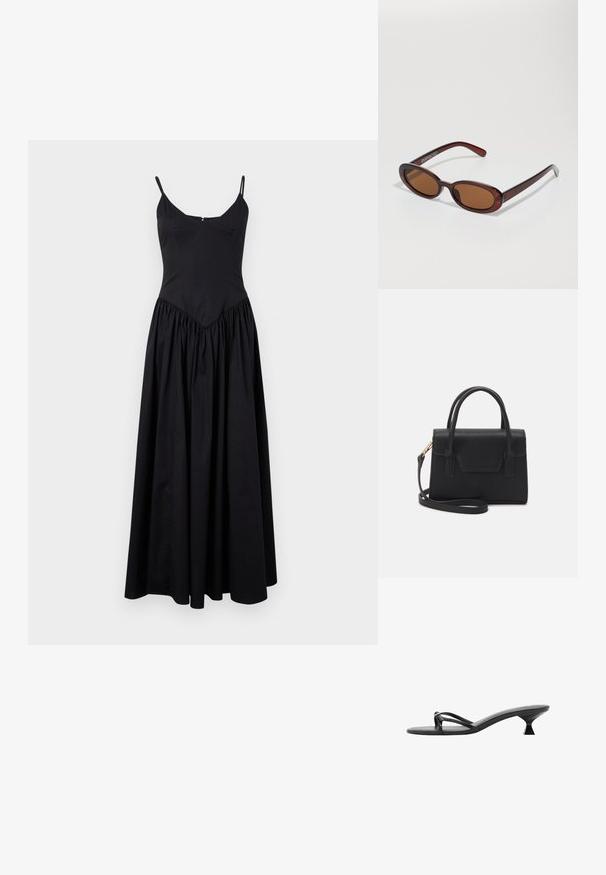 Rochie maxi neagră cu bretele subțiri, bust ajustat și fustă plisată. Confecționată dintr-un material ușor, cu o textură fină și un luciu subtil.; Sandale negre cu toc, având un design elegant, curele subțiri și un toc triunghiular unic. Textură netedă și un aspect minimalist.; Ochelari de soare rotunzi, cu nuanțe de brown și cu un cadru lucios de burgund. Brațe subțiri cu detalii subtile de branding. Design cu lentile plate.; Geantă structurată neagră din piele, cu mânere superioare, curea de umăr detașabilă și detaliu cu clapetă frontală. Accente din metal aurit.