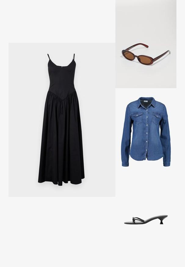 Czarna maxi sukienka z cienkimi ramiączkami, dopasowanym korpusem i marszczoną spódnicą. Wykonana z lekkiego materiału o gładkiej fakturze i subtelnym połysku.; Koszula dżinsowa w średnim odcieniu niebieskiego z długimi rękawami, guzikiem z przodu, spiczastym kołnierzykiem oraz dwiema kieszeniami na piersi. Miękka tekstura o standardowym kroju.; Czarne sandały na obcasie z wyglądem minimalistycznym, cienkimi paskami i unikalnym trójkątnym obcasem. Gładka tekstura i prosty design.; Okrągłe, brązowe okulary przeciwsłoneczne z błyszczącą bordową oprawą. Cienkie ramiona z subtelnym detalem marki. Płaski kształt soczewek.