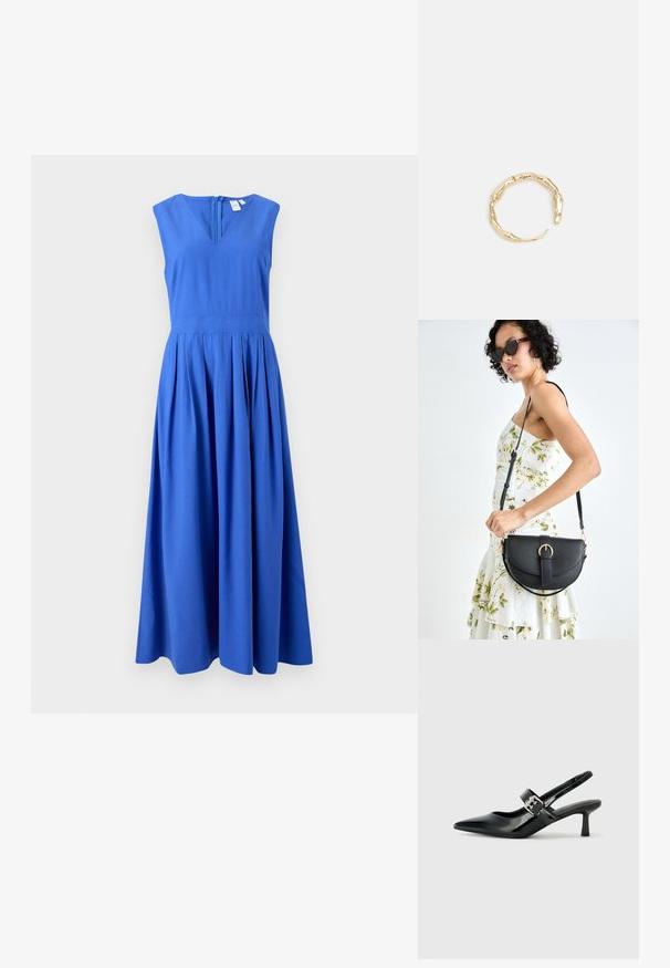 Modra brezrokavna obleka z V-izrezom, zadrgo na hrbtu in nabranim polnim krilom. Narejena iz gladkega blaga v enotni barvi.; Črne patent usnjene slingback pete s koničastim nosom in majhnim blok peto, ki vključujejo srebrno zaponko na traku.; Črna usnjena torbica s ukrivljeno obliko, z odstranljivo naramnico in zlatimi dodatki. Torbica ima pokrov s podrobnostmi v obliki zaponke.; Zlati prstan s organskim, zvitim dizajnom, gladko površino in taperiranimi konci, ki ustvarja modernega, skulpturalnega videza.