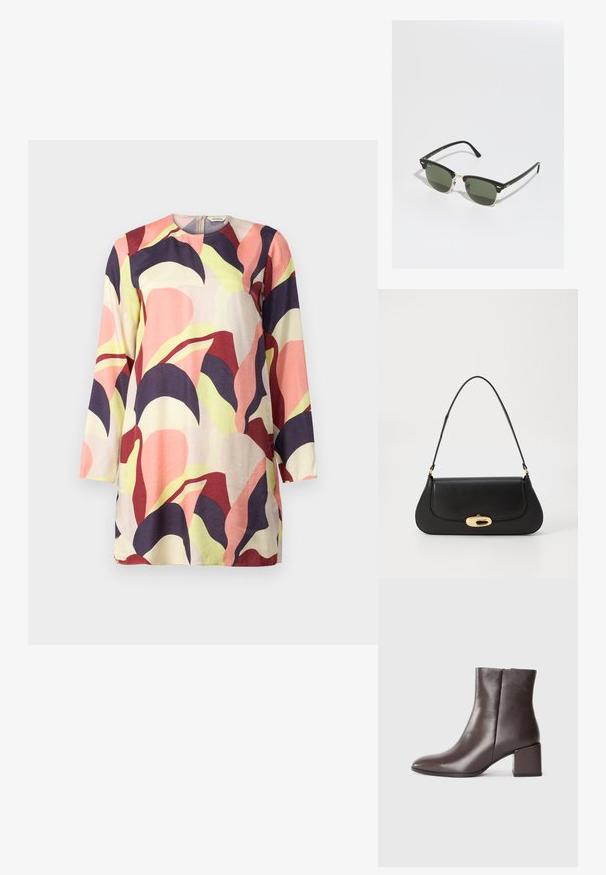 En fargerik, langermet tunika med et blanding av rosa, lilla og grønne abstrakte bladmønstre på en lys bakgrunn. Mykt stoff.; Brune lær ankle boot med et elegant design, spiss tå og firkantet blokkheel. Glatt tekstur og minimalistisk silhuett.; Sorte og gull solbriller med grønne linser, med katteøyne-form, metalliske detaljer og en teksturert innfatning.; Svart lærveske med en buet design, gullfarget hardware og et håndtak på toppen. Har en elegant lukking og glatt tekstur.