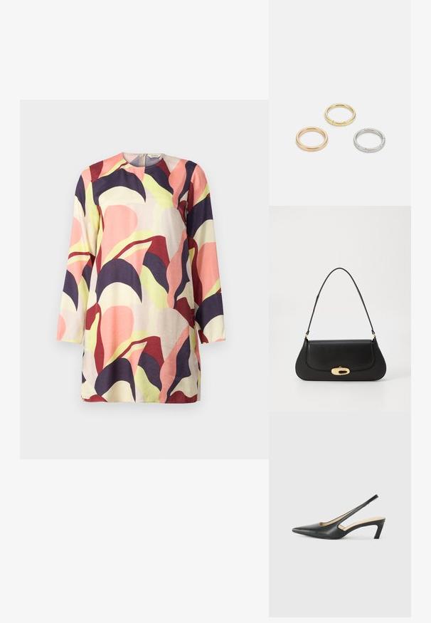 Värvikas, pika varrukaga tunika, millel on heledal taustal roosa, lilla ja rohelise abstraktse lehemustri segu. Pehme kangas.; Must mustaga, terav varvas, madala kontsaga sildiga king, mis on valmistatud siledast nahast ja mille küljel on lõike disain hingavuse tagamiseks.; Mustroone nahast käekott kaarjate vormidega, kuldse tooni detailide ja ülemise käepideme ning sujuva sulgemise ja sileda tekstuuriga.; Kolme metallist rõngast: üks roosa kuld, üks kuld tekstuursete aktsentidega ja üks hõbe, kõik sisepoolt graveeritud brändinguga.