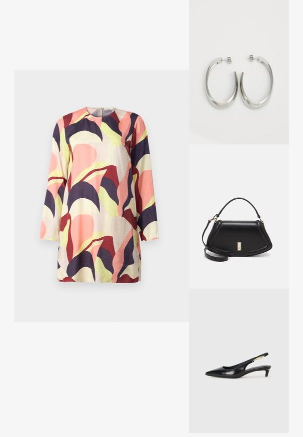 Een kleurrijke, langemouwen tuniek met een mix van roze, paars en groene abstracte bladerenpatronen op een lichte achtergrond. Zachte stof.; Zwarte leren slingback hakken met een spitse neus, voorzien van een slanke hak en een goudkleurige accent op de verstelbare band. Gladde textuur.; Zwarte leren handtas met een gestructureerd ontwerp, featuring een verkorte vorm, bovenhandvat en gouden hardwareaccent. Inclusief verstelbare schouderband.; Zilveren oorringen met een gladde, gebogen vorm. Voorzien van een glanzende metallic afwerking en studsluiting. Geen zichtbare patronen of accenten.