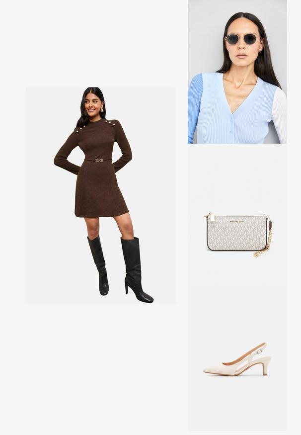 Brązowa sukienka o żeberkowanej strukturze z długimi rękawami, guzikami na ramionach i dopasowaną talią, zestawiona z eleganckimi, czarnymi kozakami do kolan.; Biała szpilka slingback z ostrym noskiem, gładkim materiałem wierzchnim, niskim obcasem blokowym oraz wycięciami po bokach i regulowanym paskiem z klamrą.; Okrągłe okulary przeciwsłoneczne z ciemnymi soczewkami i złotymi ramkami. Modelka nosi jasnoniebieski kardigan w prążki z guzikami i białymi rękawami w kontrastowym kolorze.; Portfel na nadgarstek marki Michael Kors w beżowej, pokrytej płótnem, z powtarzającym się wzorem logo MK, złotym okuciem i odpinanym łańcuszkowym paskiem.