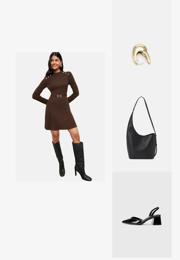 Ruda juostuota suknelė su ilgomis rankovėmis, peties sagomis ir prigludusia juosmena, derinant su elegantiškais juodais aukštais botais.; Juodos lakuotos odinės šlepetės su smailiu pirštu ir geometriniu bloko kulnu. Turi elegantišką, minimalistinį dizainą ir lygų paviršių.; Juodas odinis hobo maišas su lygiu paviršiumi, kreipta forma ir viena reguliuojama rankena; turi platų atidarymą viršuje.; Aukso tono metalinės auskarai su stilingu, kreiviu dizainu. Išsiskiria ryškiu smailiu pavidalu, poliruota paviršiumi ir užsegimu su vyriu.