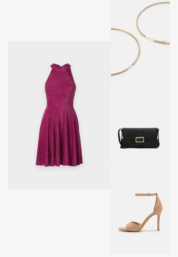 Rankovi neturintis, prigludęs ir išsiplėtęs suknelė metaline magenta spalva, pasižyminti aukštu kaklu ir textūruota medžiaga su subtiliu blizgesiu.; ALDO CRERIDE PILLOW WALK - Sandalai - beige; Juodas odinis dėkliukas su atvarteliu ir auksinės metalinės sagties detalėmis. Įeina juodas diržas ir elegantiškas, minimalistinis dizainas.; Aukso spalvos žiedo auskarai, ploni ir apvalūs, su lygiu metaliniu paviršiumi be papuošimų ar raštų.