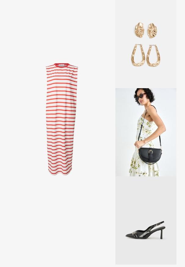 Ärmelloses Midikleid in Weiß mit roten horizontalen Streifen, gefertigt aus weichem, atmungsaktivem Stoff. Einfacher runder Ausschnitt, lockere Passform.; Schwarzer Lackleder Slingback-Schuh mit spitzem Zehenbereich, Knöchelriemen mit silbernen Schnallen und Beschlägen sowie einem schlanken Absatz.; Schwarze Lederhandtasche mit geschwungener Form, abnehmbarem Tragegurt und goldenen Beschlägen. Die Tasche verfügt über einen Deckel mit einer Schnallen-Details.; Ohrringe in Goldoptik mit strukturierten, gewellten Formen. Beinhaltet skulpturale Clip-Ohrringe und ein offenes Hoop-Design mit gehämmertem Finish.