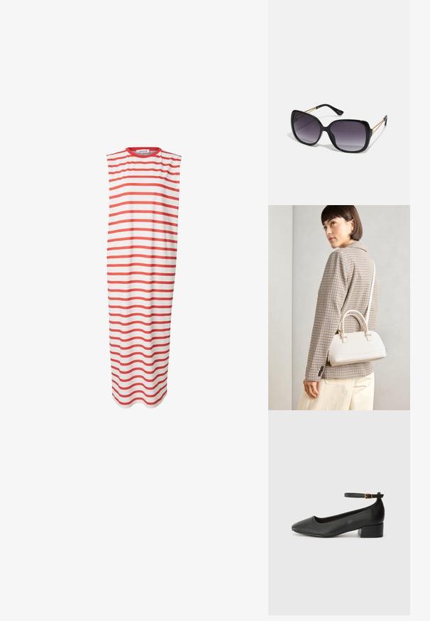 Ärmelloses Midikleid in Weiß mit roten horizontalen Streifen, gefertigt aus weichem, atmungsaktivem Stoff. Einfacher runder Ausschnitt, lockere Passform.; Schwarze Lederpumps mit spitzem Zehenbereich und niedrigem Blockabsatz. Mit einem Knöchelriemen und einer goldfarbenen Schnalle. Glatte Textur.; Schwarze übergroße Sonnenbrille mit getönten Gläsern, dicken Rahmen und goldfarbener Kettendetaillierung an den Bügeln.; Weiße strukturierte Handtasche mit kurzen Griffen und einem Schultergurt, ausgestattet mit goldfarbenen Hardware-Elementen und strukturiertem Material, vor einem grauen Hintergrund präsentiert.