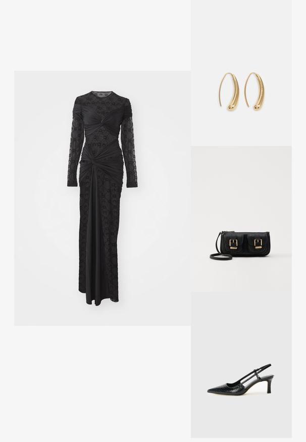 Černé šaty s dlouhým rukávem, které mají strukturovanou vrstvu s geometrickými vzory, nařasené detaily a přiléhavý siluetu sahající až na podlahu.; Černé lakované slingback podpatky s špičatou špičkou, zdobené texturovaným hadím vzorem, nastavovacím páskem a krátkým texturovaným blokovým podpatkem.; Černá kožená crossbody taška se dvěma předními kapsami, zlatými přezkami, zipovým uzávěrem a štíhlým popruhem. Texturovaný povrch a kompaktní obdélníkový tvar.; Náušnice ve tvaru kruhu z pozlaceného kovu s vroubkovaným, prodlouženým tvarem. Mají hladký, lesklý povrch a zaoblený konec pro zvýraznění detailu.