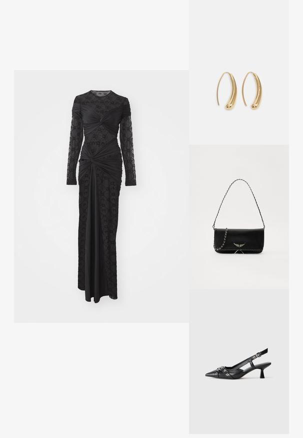 Černé šaty s dlouhým rukávem, které mají strukturovanou vrstvu s geometrickými vzory, nařasené detaily a přiléhavý siluetu sahající až na podlahu.; Černé kožené slingback boty s špičatou špičkou, dekorativními pásky s kovovými očky a nízkým blokovým podpatkem. Texturovaný povrch.; Černá kožená kabelka se stříbrným řetízkovým popruhem, zdobená dekorativními křídly a bílým prošíváním podél spodního švu.; Náušnice ve tvaru kruhu z pozlaceného kovu s vroubkovaným, prodlouženým tvarem. Mají hladký, lesklý povrch a zaoblený konec pro zvýraznění detailu.