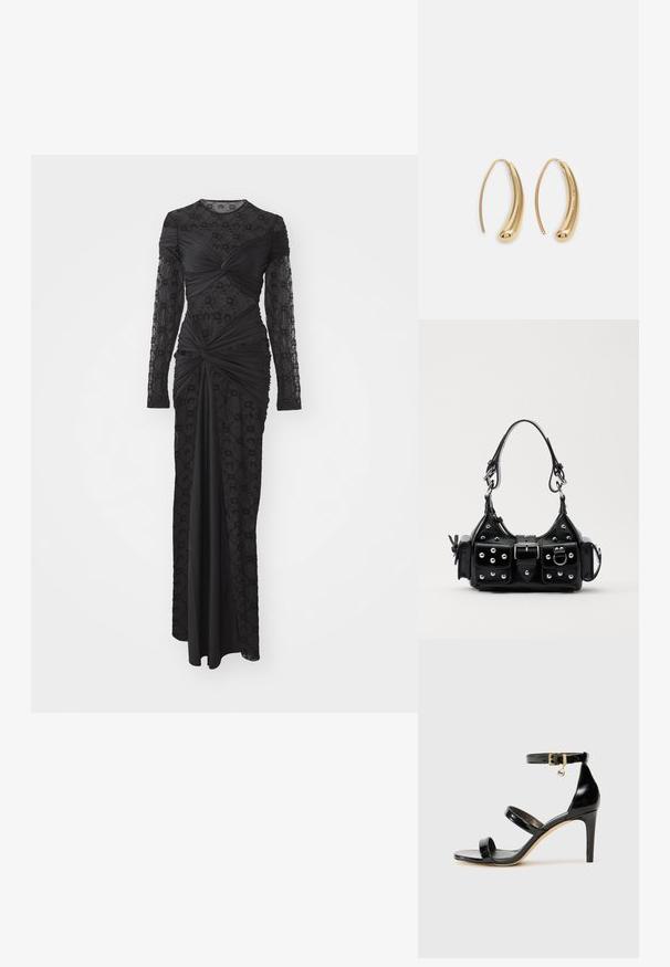 Melna kleita ar garām piedurknēm, kurai ir teksturēts pārklājums ar ģeometriskajiem rakstiem, ručiem un pieguļoša silueta, kas stiepjas līdz grīdai.; Melnas lakota ādas sandalēs ar trim siksnām, potītes sprādzi un 4 collu stiletto papēdi. Iespējas ar zelta detaļām un logotipa piekariņu.; Melnas ādas rokturmais ar izliekumu, ar sudraba iedurtiem, sprādzi un divām sānu kabatām. Regulējams siksniņas garums dažādām nēsāšanas iespējām.; Zelta toņu metāla gredzena auskari ar izliektu, pagarinātu formu. Ar gludu, spīdīgu virsma un noapaļotu galu papildu detaļām.