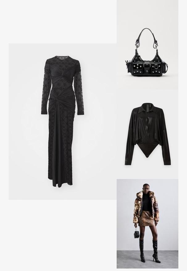 Juoda ilga rankovė su tekstūruota apdaila, kuri turi geometrines formas, susiraukšlėjimo detales ir prisitaikantį siluetą iki pat grindų.; Juodas bodžiukas su ilgomis rankovėmis, V formos iškirpte ir prigludusia siluetu. Pagamintas iš blizgaus, lygaus audinio su struktūrizuotu apykakle ir rankogaliais.; Pūkuotas džemperis su rudos ir juodos spalvų raštu, derinamas su rudą gyvatės rašto mini sijonu, juodais ilgaauliais batais iki kelių ir mažyte juoda rankine.; Juodas odinis rankinukas su kreiviu dizainu, su sidabro spalvos knopkėmis, užsegimu ir dviem šoninėmis kišenėmis. Reguliuojama dirželis nešimui.