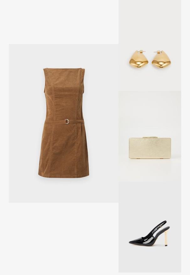 Rjava kordurojska obleka s kvadratnim izrezom, brezrokavnim dizajnom, prilegajočim se telovnikom in pasom, ki vsebuje srebrno okroglo hardware podrobnost.; Črne patentne kožne slingback visoke petne čevlje s koničastim nosom in zlatim kvadratnim poudarkom na peti. Imajo prilagodljiv gležni trak.; Zlata torbica za naočare s glatkom metalnom površinom, pravokutnog oblika i jednostavnim kopčanjem. Nema vidljivih uzoraka ili ukrasa.; Zlato obarvani kovinski uhani z gladko, zaobljeno trikotno obliko in zasnovo s pritrditvijo na zadnji strani; odbojna površina z minimalnim detajliranjem.