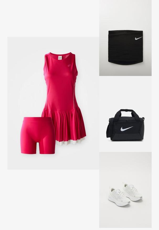 Pink athletic dress with attached pleated skirt and matching shorts. Made of lightweight, breathable material. Features contrast trim.; White athletic shoes with a textured mesh upper, cushioned sole, and subtle grey accents. Includes branding and looped heel tab for easy wear.; Black athletic waistband with ribbed texture, featuring a small white Nike swoosh logo on the right side. Smooth, fitted design.; Black duffel bag with a smooth fabric, dual zippered compartments, padded handles, and a large white Nike logo on the front.
