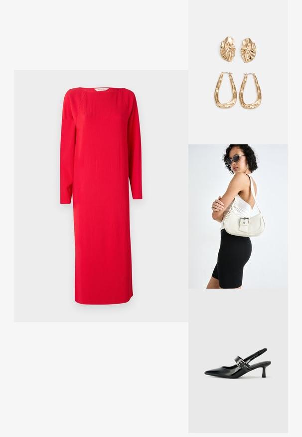 Červené žebrované pletené šaty s dlouhými rukávy, kulatým výstřihem a rovnou siluetou. Látka má texturovaný vzhled a je délky po lýtka.; Černé lakované boty na podpatku typu slingback s špičatou špičkou a malým blokovým podpatkem, které mají na pásku stříbrný přezkový akcent.; Bílá kožená kabelka s křivkovým tvarem, nastavitelným popruhem a malým detailem přezky. Model nosí těsné černé oblečení.; Náušnice ve zlatém tónu s texturovanými, vlnitými tvary. Obsahují sochařské klipy a design otevřeného kruhu s kladivkovým povrchem.