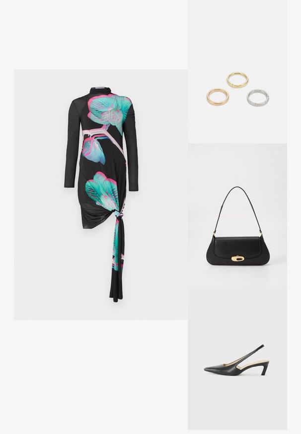 Melnā kleita ar garām piedurknēm, kurai no vienas puses ir mezglu detaļa, ar daudzkrāsainiem orhideju rakstiem turkoza un rozā krāsās, gluda tekstūra.; Melna, ar smailu purngalu, slingback kurpe ar zemu papēdi, izgatavota no gludas ādas materiāla un ar izgriezumiem sānos gaisa caurlaidībai.; Melna ādas rokassoma ar izliekta dizaina elementiem, zelta krāsas detaļām un augšējo rokturi. Iezīmējas ar elegantu aizdari un gludu faktūru.; Trīs metāla gredzeni: viens rozā zeltā, viens zeltā ar teksturētiem akcentiem un viens sudraba, visiem ar iegravētām zīmola atzīmēm iekšējā joslā.