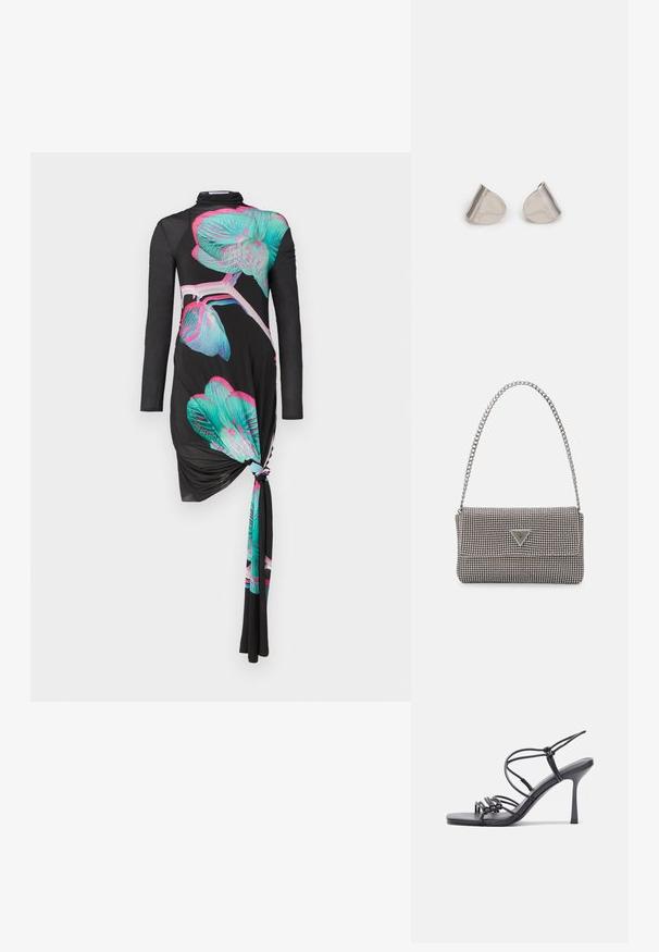 Čierne šaty s dlhým rukávom s detailom uzla na jednej strane, s viacfarebnými vzormi orchideí v tyrkysovej a ružovej farbe, hladká textúra.; Čierne sandále na vysokom podpätku majú tenké remienky s uzlovým dizajnom, hladký štvorcový špičku a elegantný stiletto podpätok.; Svetlošedá metalická kabelka s reťazovým popruhom, ozdobená malými kruhovými kovovými štítkami a trojuholníkovým logom značky.; Strieborné kovové náušnice s hladkým tvarom kvapky a lesklým povrchom. Jemné rytiny pridávajú detail. Minimalistický dizajn.