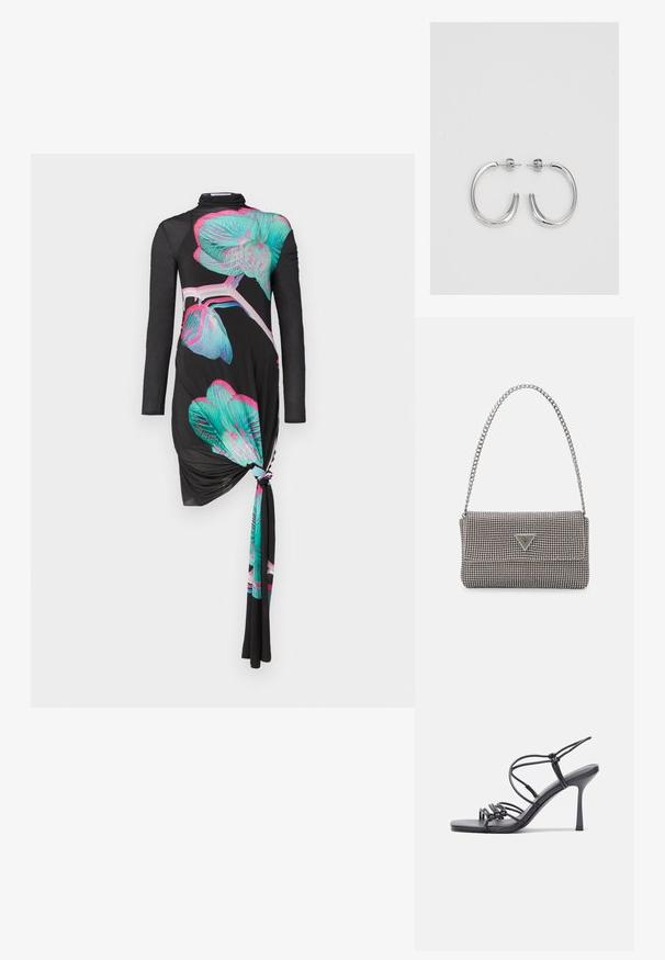 Vestido preto de manga longa com um detalhe de nó de um lado, apresentando padrões de orquídeas multicoloridas em turquesa e rosa, textura suave.; As sandálias de salto alto pretas apresentam tiras finas com um design em nó, uma biqueira quadrada lisa e um elegante salto agulha.; Bolsa metálica cinza claro com uma alça de corrente, adornada com pequenos rebites metálicos circulares e um logótipo triangular da marca.; Brincos de argola prateados com um acabamento suave e brilhante. Forma arredondada, design leve, com fecho de pino.